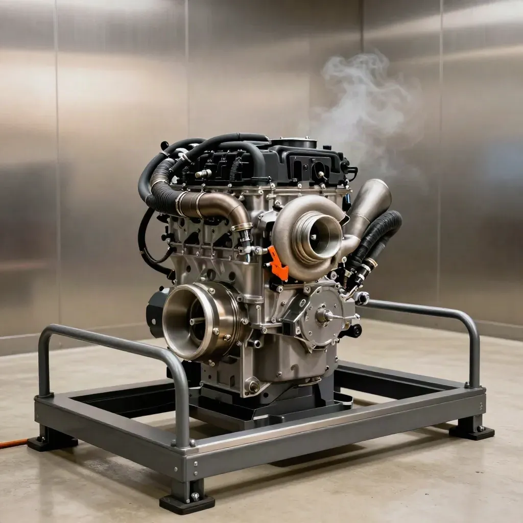 OEM engine on dyno bed settling after test run, with heat haze and orange accent