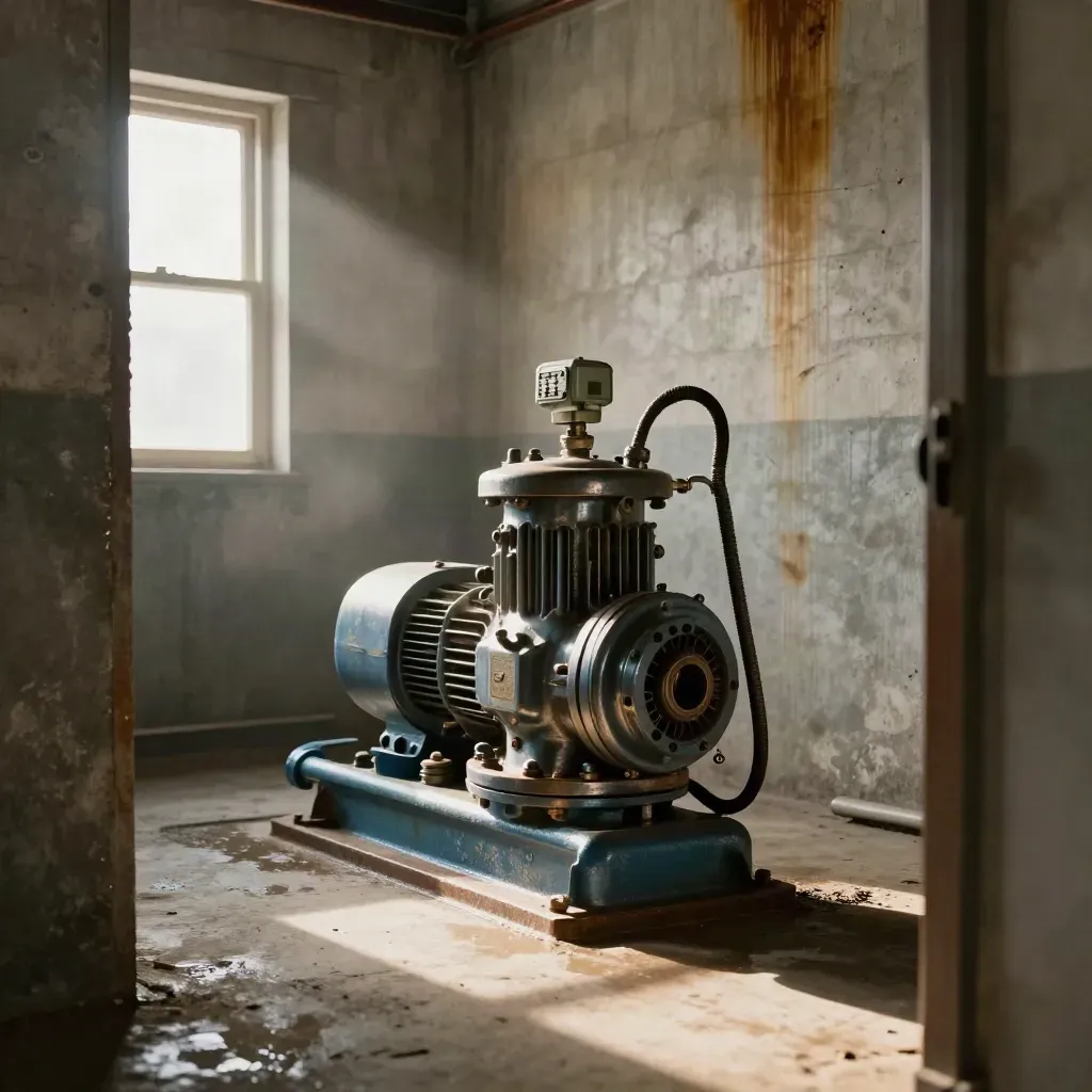 Restored pump house with repaired pump and sensor module, running cleanly in mist