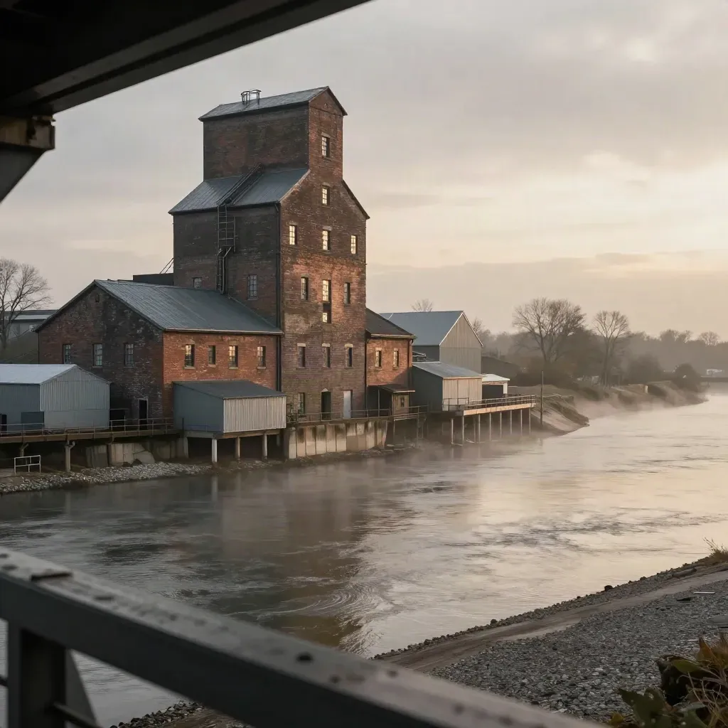 Rainy sunrise over riverfront grain elevators and brick mills with calm river haze.